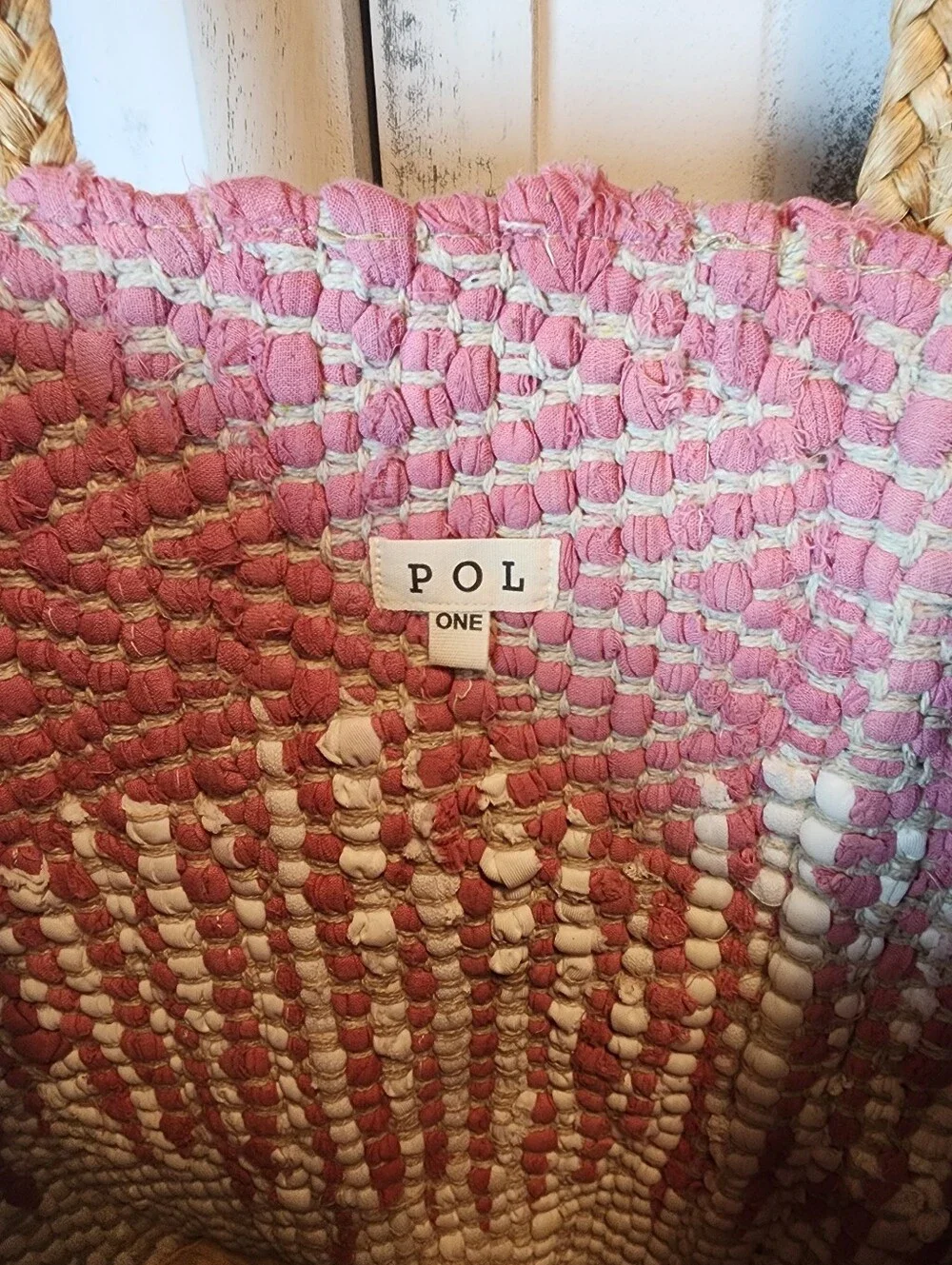 POL Woven Pink and Cream Oversized Straw Tote Bag